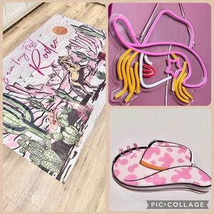 Rodeo Cowgirl Tapestry Banner, Neon Cowgirl Light, & Mini Cowboy Hat Notepad